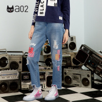 a02新款街头风贴布破洞毛边ins显瘦直筒牛仔裤女DTT5A0521PN