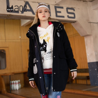a02新款秋冬学院风徽章格子拼接中长毛呢外套女DTT6D0161CT