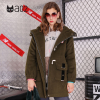 a02新款韩版刺绣牛角扣保暖中长款毛呢外套大衣女DTT6C0181CT