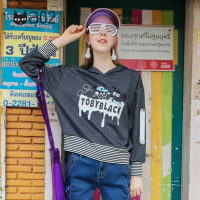 a02新款潮流小黑印花条纹拼接长袖上衣宽松卫衣女DTT5A0491KT