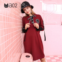 a02新款潮流徽章飘带荷叶边袖子连帽卫衣连衣裙女DTT6D0401DR