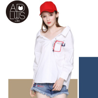 a02商场同款纯棉A.PLUS简约印花一字肩衬衫女夏D9T2D0061BL