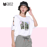 a02商场同款潮流猫咪印花飘带破洞蝙蝠袖宽松T恤女D1T3D0221KT