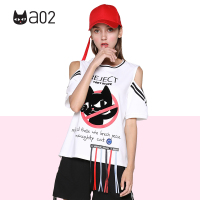 a02商场同款个性小黑图案飘带露肩圆领T恤女夏D1T2D0261KT