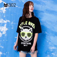 a02新款时尚休闲猫咪印花字母亮片宽松T恤女夏DTU1B0521KT