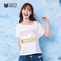 a02商场同款时尚印花单边露肩宽松短袖T恤女夏D1T3D0481KT