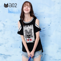 a02商场同款时尚印花亮片露肩前短后长短袖T恤女D1T3D0531KT