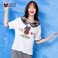 a02新款学院风印花格子娃娃领拼接宽松T恤女DTU1B0661KT