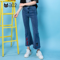a02新款刺绣毛边裤脚开叉微喇叭裤显瘦牛仔裤女DTU2C0321PN