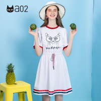 a02新款学院风猫咪印花抽绳收腰撞色织带连衣裙女DTU2C0391DR