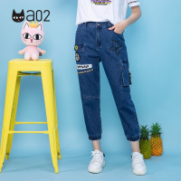 a02新款玩趣减龄印花口袋拼接水洗束脚牛仔裤女DTU2C0251PN