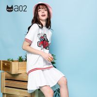 a02新款甜美少女风撞色织带百褶裙卡通印花连衣裙女DTU2D0771DR