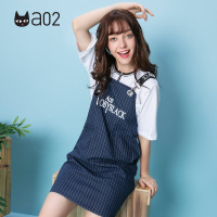 a02新款潮流条纹背带裙字母印花肩带牛仔连衣裙女DTU2D0591DR