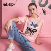 a02新款潮流扣子露肩圆领T恤卡通字母印花短袖T恤女DTU5A0101KT