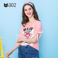 a02新款清新少女萌趣卡通字母印花绑带短袖T恤女DTU2D0461KT