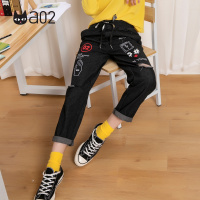 a02新款萌趣卡通字母印花破洞松紧腰直筒牛仔裤女D1T5B0191PN