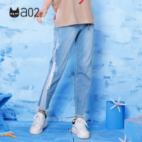 a02新款潮流拼接款毛边直筒显瘦个性织带牛仔裤D1T5A0171PN
