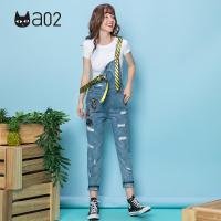 a02新款韩版贴布印花破洞高腰牛仔裤女背带裤女DTU2D0921PN