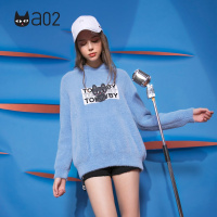 a02新款慵懒风海马毛连帽卡通印花软奶蓝毛衣女DTU5B0411ST