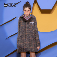 a02新款韩版可拆帽子格子大衣中长款毛呢外套女DTU5B0171CT