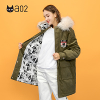 a02新款潮流刺绣印花连帽毛领中长款棉衣外套女DTU5BA451CT