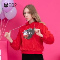 a02新款时尚小黑印花宽松保暖毛绒连帽卫衣女潮DTU6D0221KT