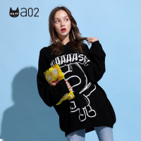 a02新款少女萌趣小黑显瘦宽松长款连帽毛衣女潮DTU6C0221ST