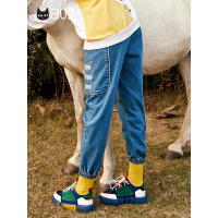 a02新款2020时尚撞色字母刺绣口袋拼接束口牛仔裤女DTV1A0591PN