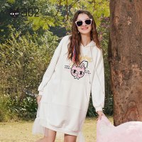 a02新款2020减龄少女卡通印花网纱拼接连帽卫衣连衣裙DTV1A0471DR