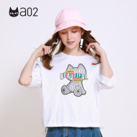a02商场同款潮流抽绳收腰钉珠印花短袖T恤女D1U2D0391KT