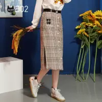 a02商场同款潮流字母刺绣开叉格子半身裙女D1U6C0601SK