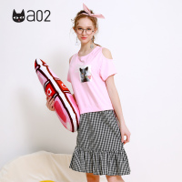 a02新款2020潮流印花露肩格子拼接鱼尾连衣裙女夏D1T3D0321DR