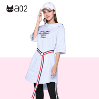 a02商场同款时尚印花条纹长腰带一字领连衣裙女夏D1T2D0021DR