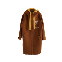 a02商场同款2018简约印花连帽抽绳中长宽松毛呢大衣女D1T6C0661CT