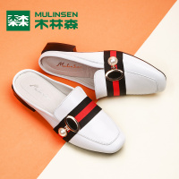 女单鞋2018春季新款黑色真皮圆头平底鞋 浅口低跟饰扣女鞋