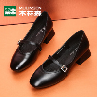 木林森 女鞋 2018春季新款时尚圆头鞋子 气质低跟一字扣带粗跟单鞋