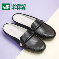 木林森 女鞋2018新款百搭单鞋女真皮黑色圆头套脚平底鞋春季乐福鞋