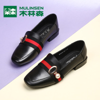 木林森 浅口单鞋 女2018春季新款圆头低跟英伦金属扣乐福鞋女鞋子