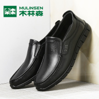 木林森 男鞋 2018春季新款真皮商务休闲皮鞋黑色男士软底套脚鞋子