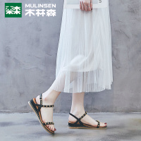 木林森2019年夏季新款坡跟舒适女士凉鞋简约扣带学生女凉鞋休闲百搭女鞋