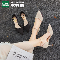 木林森2019年夏季新款女鞋尖头细跟时尚单鞋一字扣带百搭性感高跟鞋