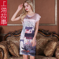 上海故事春秋短袖真丝睡裙女士夏季中长款性感宫廷丝绸睡衣可外穿