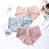 (3条装)红豆(HODO)日系竖条纹蕾丝包边棉氨内裤女中腰棉裆女士三角内裤