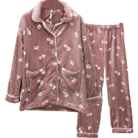 红豆居家睡衣套装法兰绒翻领保暖女士长袖长裤居家服两件套