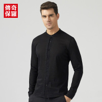 传奇保罗男衬衫春季休闲立领长袖修身款黑色丝光免烫衬衣