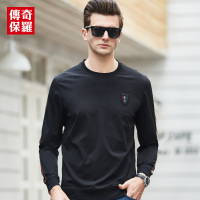 传奇保罗长袖T恤男春季黑色圆领印花修身时尚休闲上衣