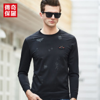 传奇保罗长袖T恤男春季黑色昆虫绣花圆领时尚休闲上衣