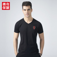 传奇保罗短袖T恤男夏季青年黑色纯棉修身潮流V领时尚T恤