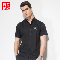 传奇保罗短袖衬衫男夏季青年黑色修身时尚绣花薄款衬衣