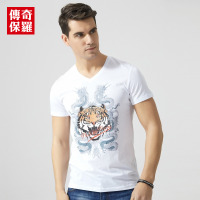 传奇保罗莫代尔短袖T恤男夏季个性潮流印花V领休闲T恤潮